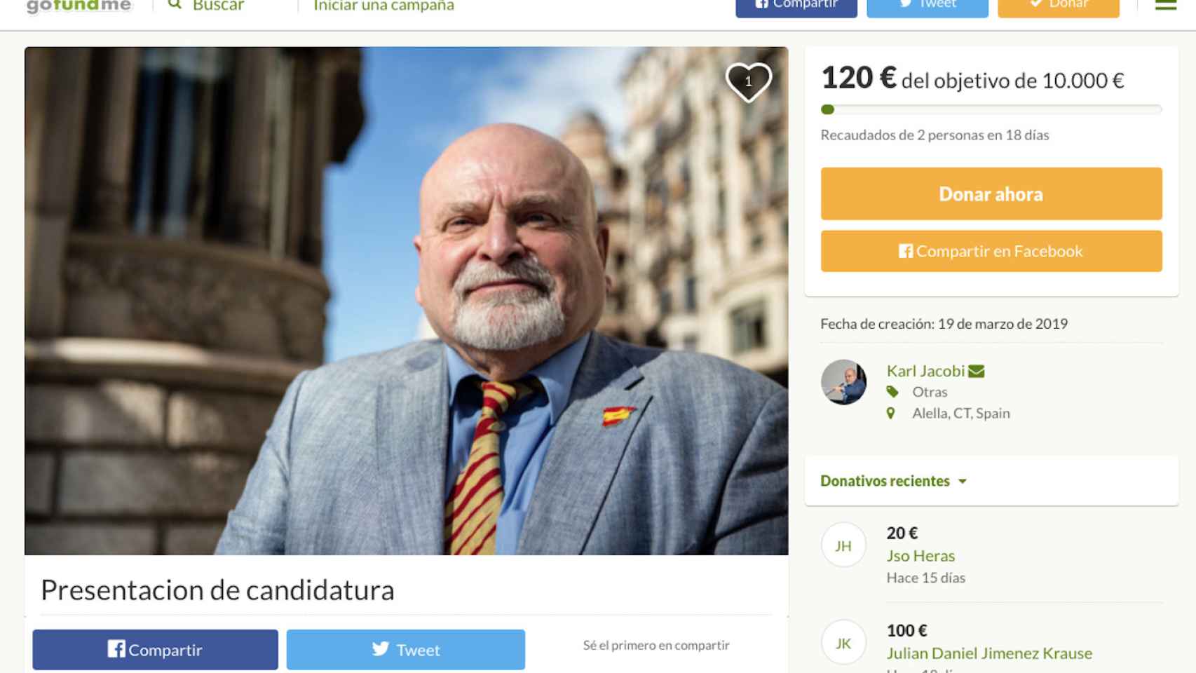 Campaña de 'crowdfounding' de Karl Jacobi para financiar su carrera política municipal / GOFUNDME