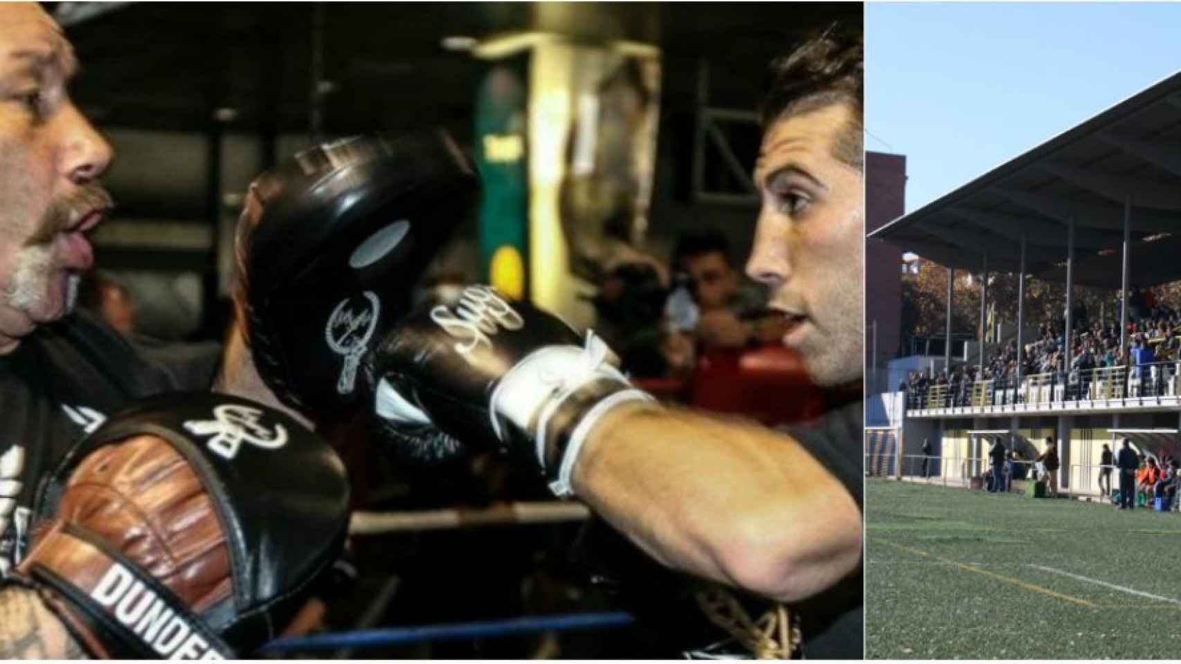 Rafa Martín con Sandor Martín durante un entrenamiento. A la derecha, el campo de la Montañesa