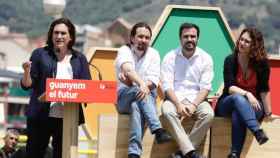 Colau, Iglesias, Garzón y Laura Pérez en el mitin en el Carmel / @bcnencomu