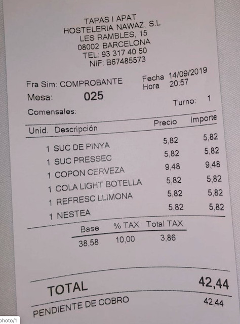 El ticket con el precio de las consumiciones 