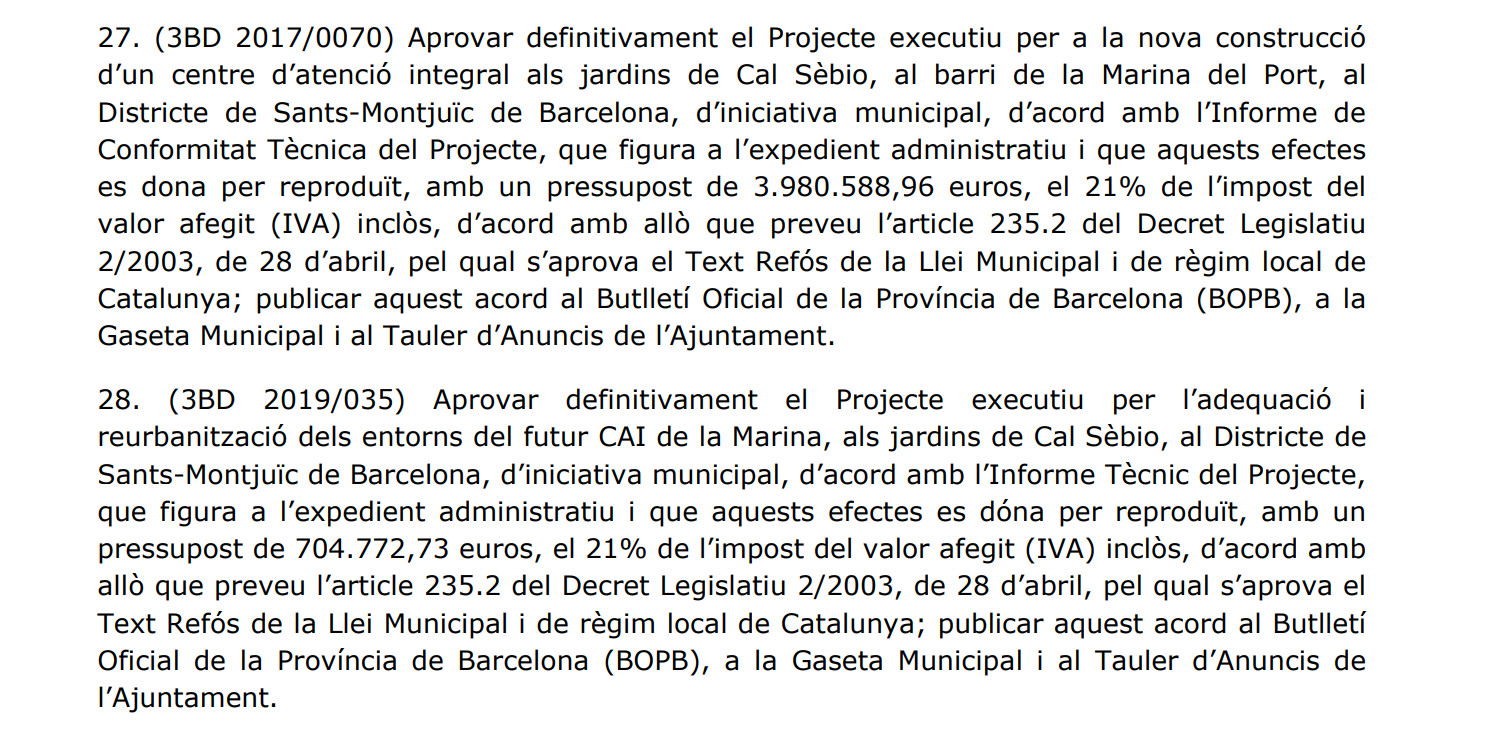 El texto de la aprobación del proyecto del Centro de Atención Integral / AYUNTAMIENTO DE BCN