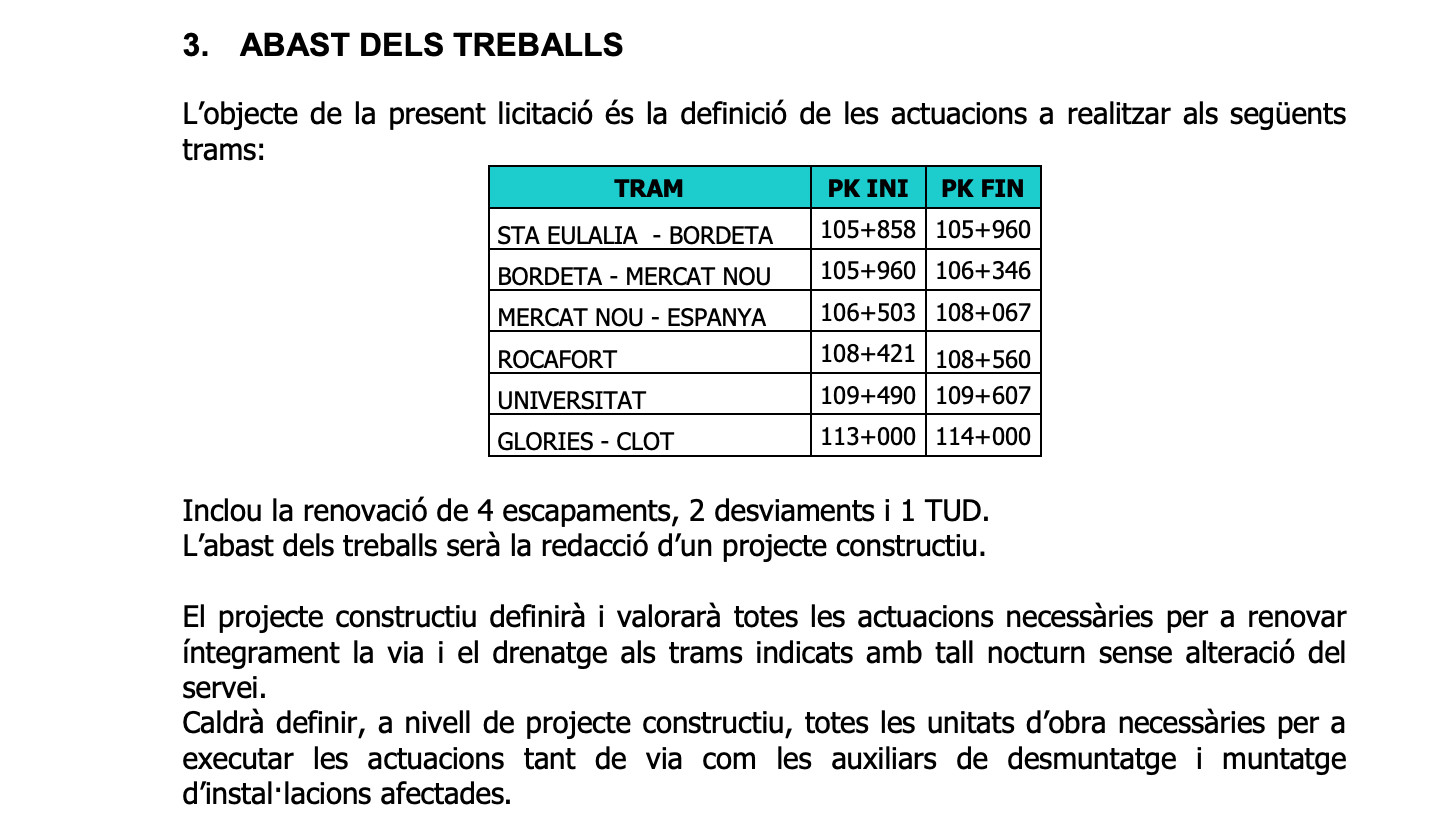 El texto del pliegue técnico en el que se indica que las obras se harán de noche / TMB