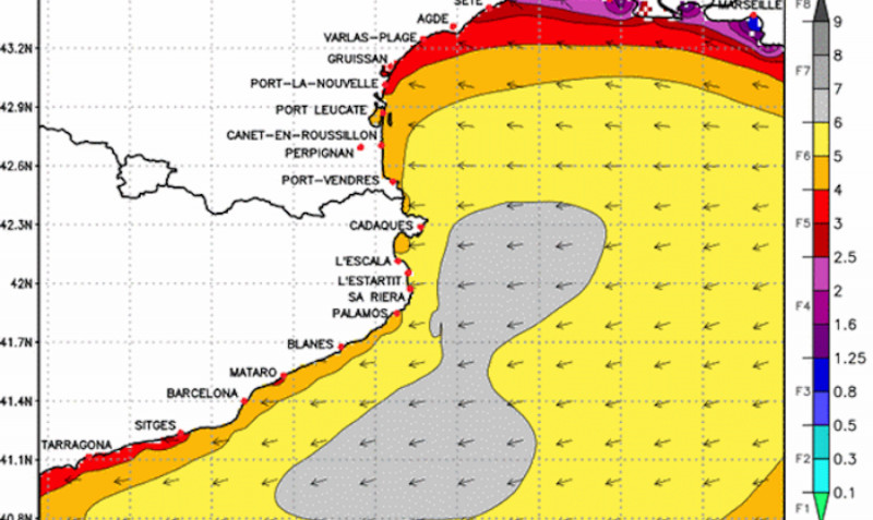 Altura de las olas prevista para el miércoles al mediodía (Modelo GFS)