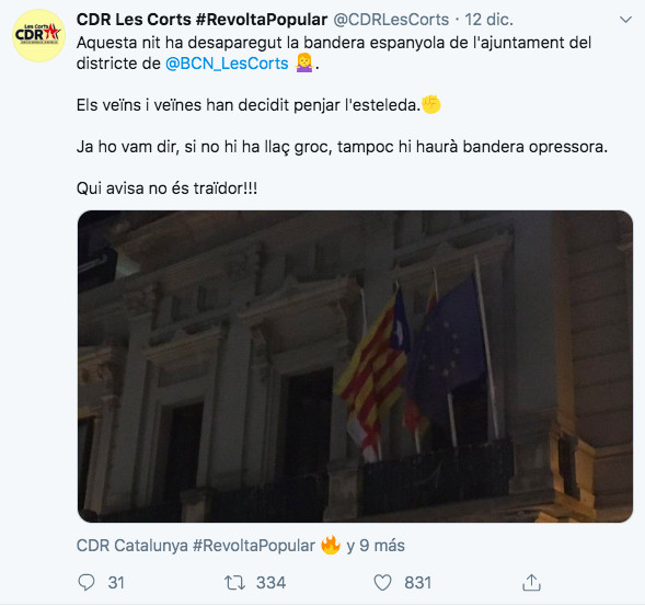 Imagen de la cuenta de los CDR de Les Corts del 12 de diciembre / @CDRLesCorts