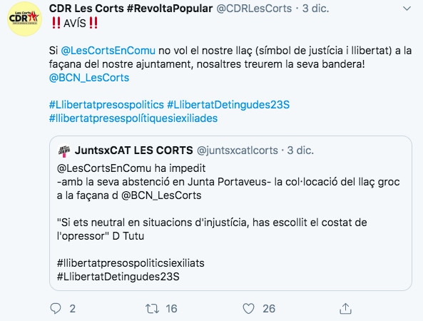 Mensaje de la cuenta de los CDR de Les Corts del 2 de diciembre / @CDRLesCorts