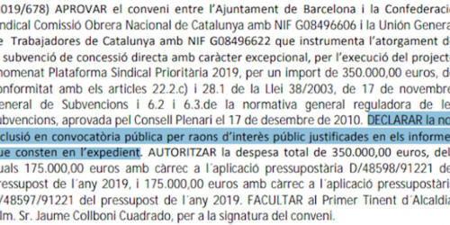 Extracto de la comisión de gobierno del Ayuntamiento de Barcelona donde se aprueba la subvención a CCOO y UGT