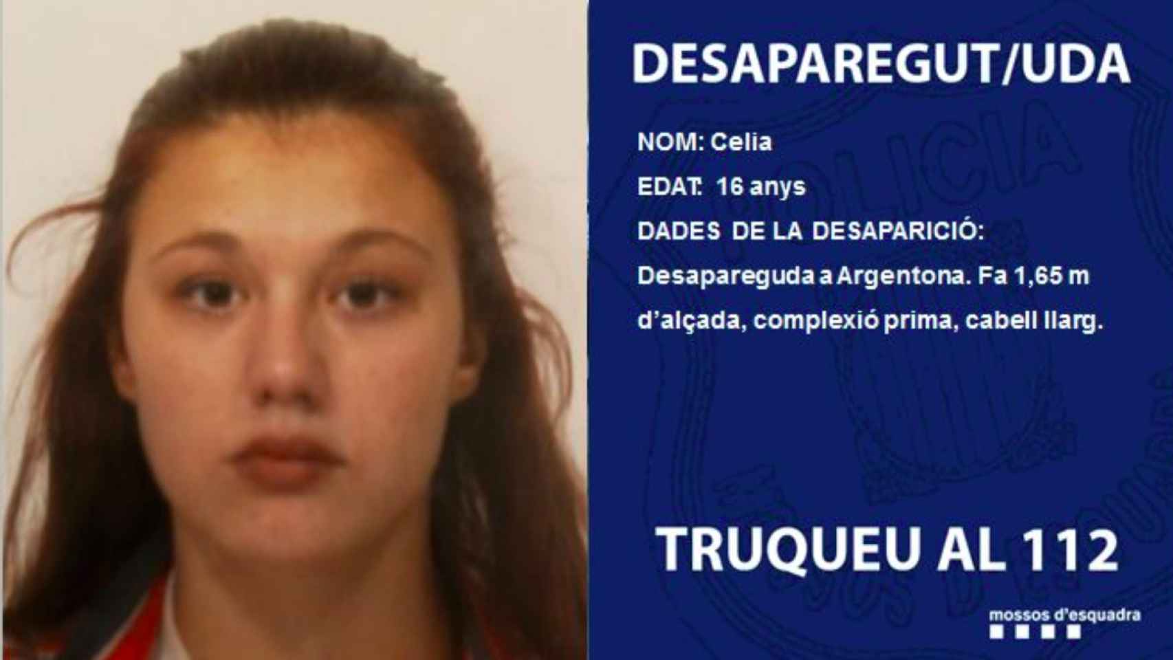 Imagen de Celia, la chica desaparecida en Argentona.