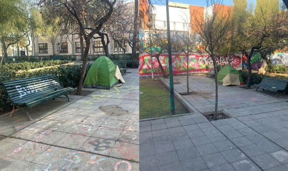 Tienda de campaña, en la que vive un sintecho, situada en los jardines Walter Benjamin / V.M.