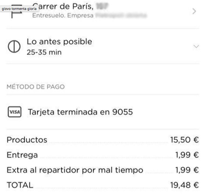 Una factura de Glovo durante el temporal / CG