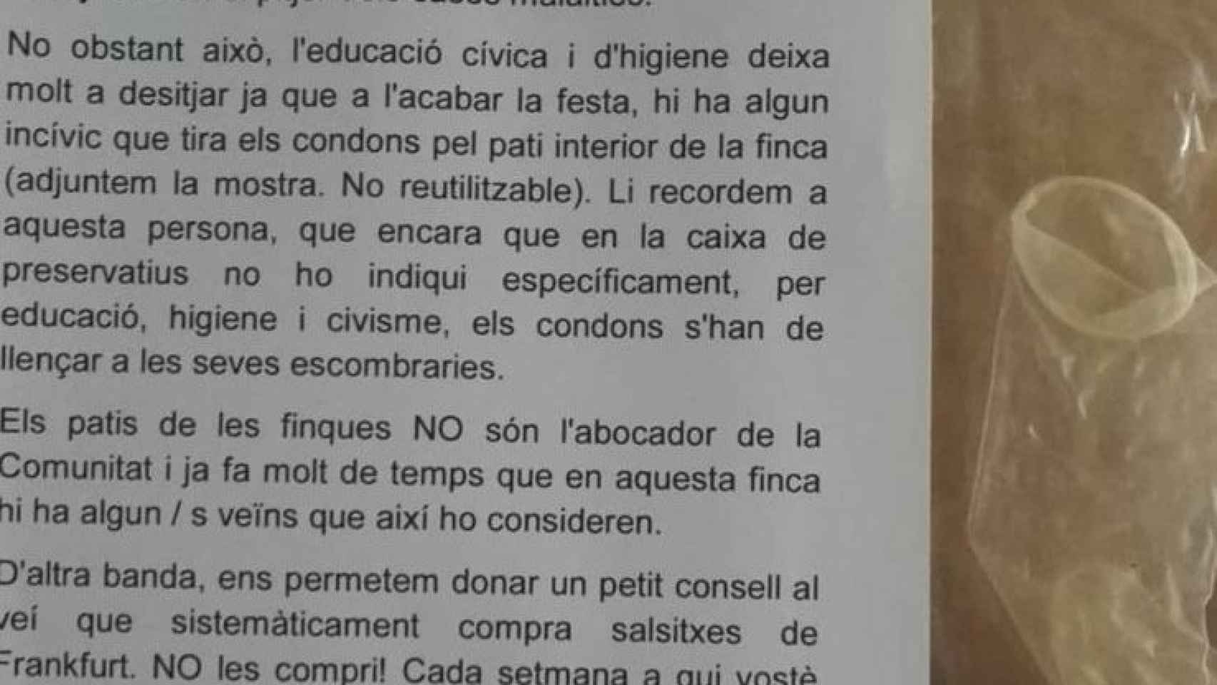 Carta del vecino del bloque, junto al condón usado