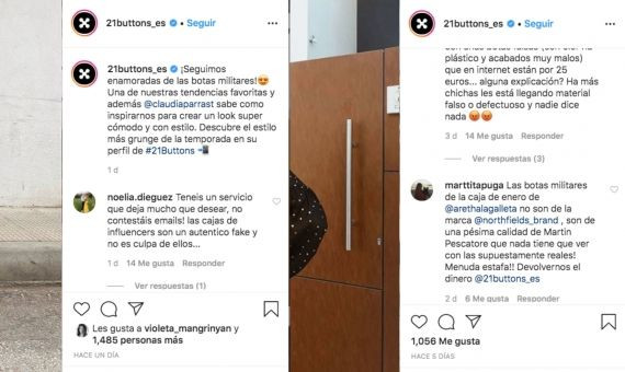 Capturas de pantalla de algunas de las quejas por las cajas de influencer de 21 Buttons / INSTAGRAM