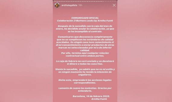 Comunicado de la rescisión de contrato de Aretha Fusté con 21 Buttons / INSTAGRAM