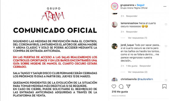 Captura de pantalla de uno de los comentarios en contra del cierre del cuarto oscuro de la discoteca Arena / INSTAGRAM