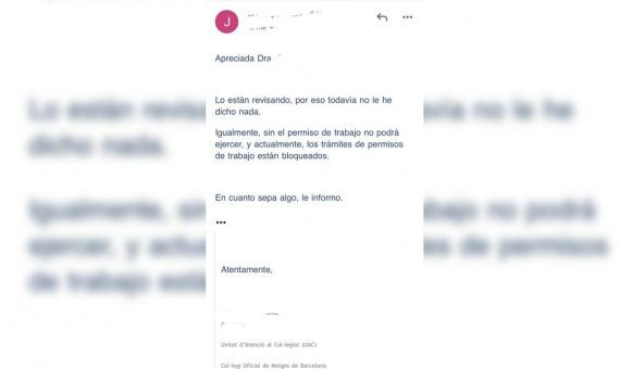 Correo electrónico enviado por el Col·legi Oficial de Metges de Barcelona a Vanessa / METRÓPOLI ABIERTA