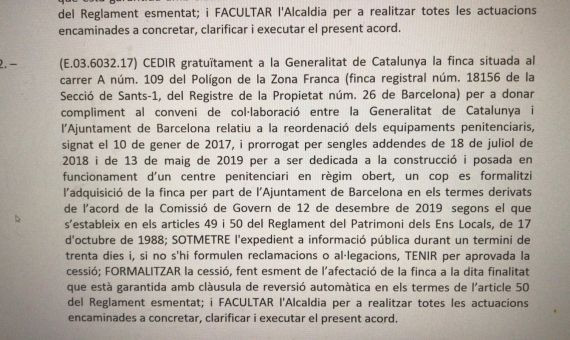 Captura del acuerdo de cesión de los terrenos de la Zona Franca / AJ. DE BCN