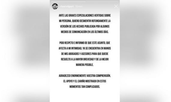 Captura de pantalla del comunicado emitido por River Viiperi a través de Instagram / BMAGAZINE