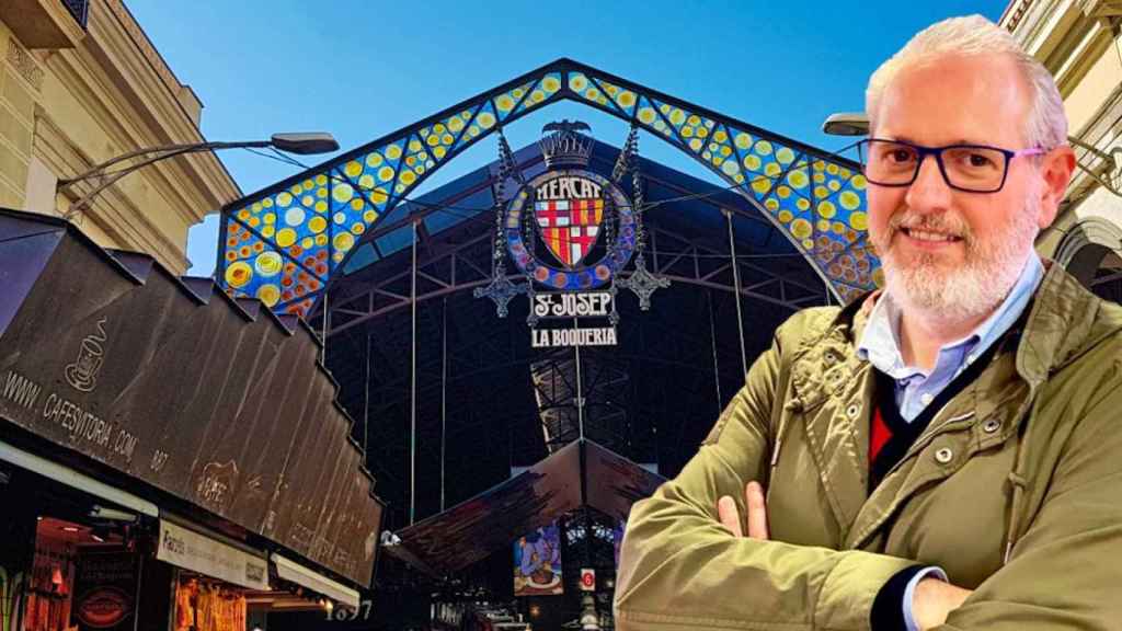 Óscar Ubide, gerente de la Asociación de Comerciantes de la Boqueria, en un fotomontaje / VERÓNICA MUR