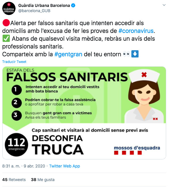 Aviso de la Guardia Urbana por falsos sanitarios  / TWITTER GUARDIA URBANA