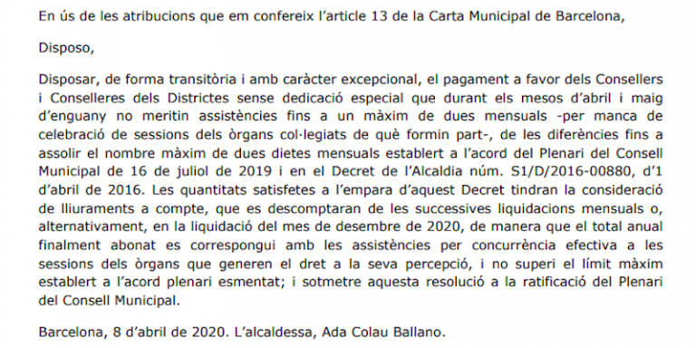 El decreto de alcaldía firmado el 8 de abril por Ada Colau / AY. DE BCN