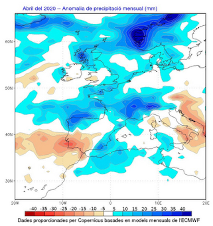 Anomalía de precipitación prevista para el mes de abril / METEOCAT