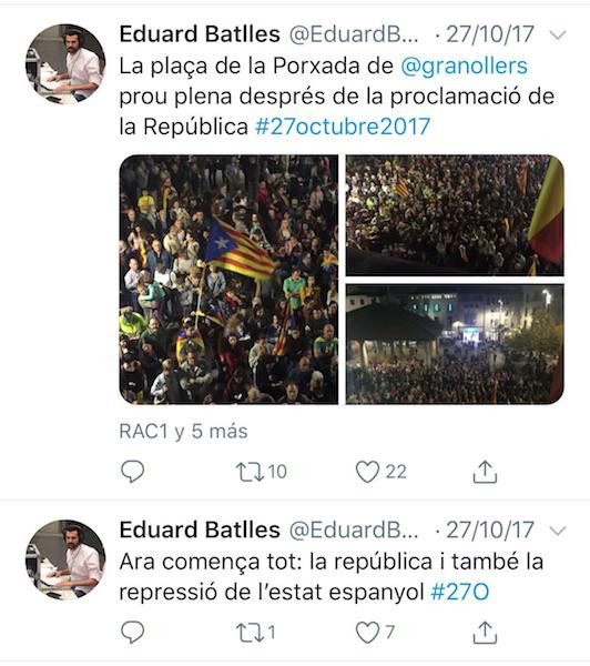 Tuits de Batlles sobre la proclamación de República catalana / TWITTER EDUARD BATLLES