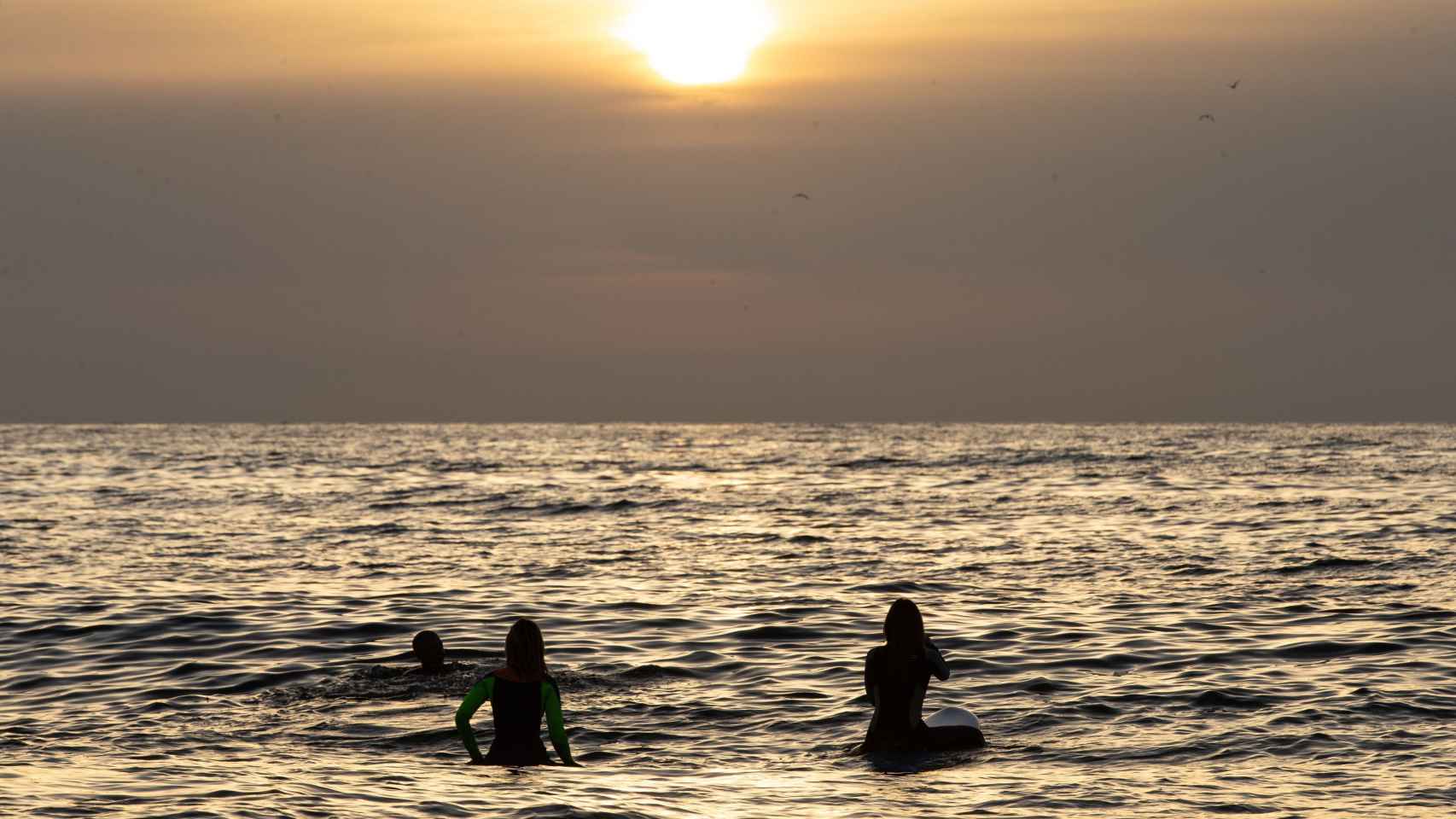 Varias personas hacen surf en la playa del Bogatell de Barcelona / EFE - ENRIC FONTCUBIERTA