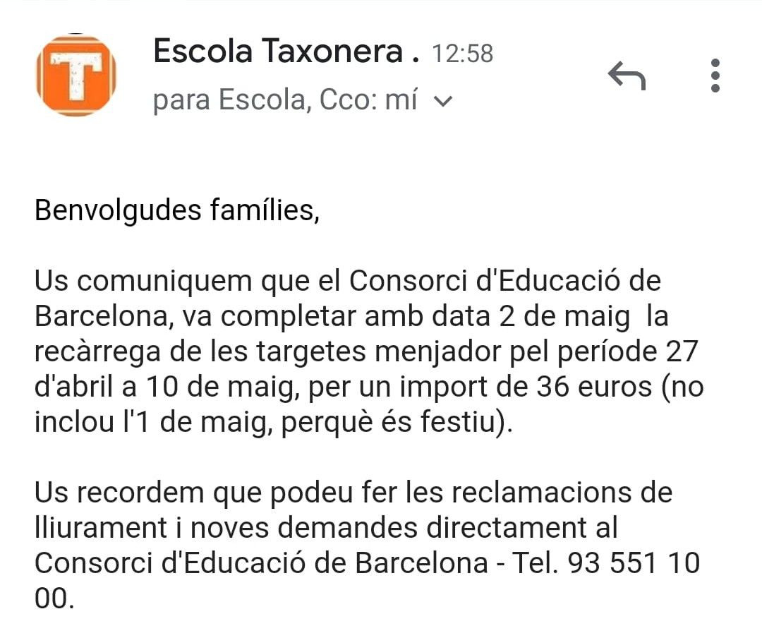 Respuesta de la escuela Taxonera en el que se explica que no se ha ingresado el 1 de mayo / ESCUELA TAXONERA