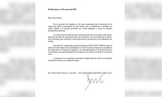 Copia de la carta de despido que se entregó a los trabajadores de Flax & Kale de la Roca Village