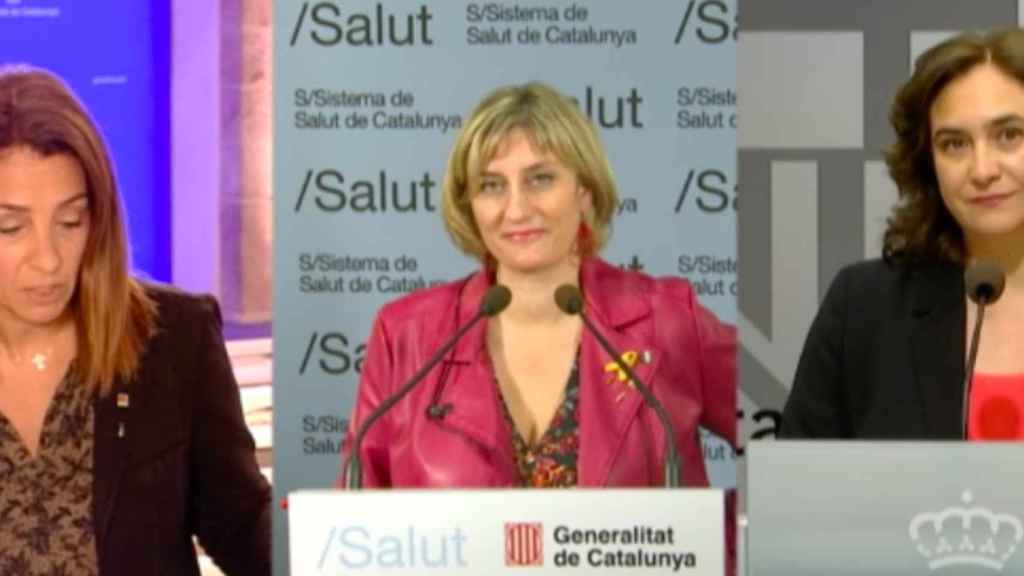 Meritxell Budó, Alba Vergés y Ada Colau, en una reciente rueda de prensa telemática / BETEVÉ