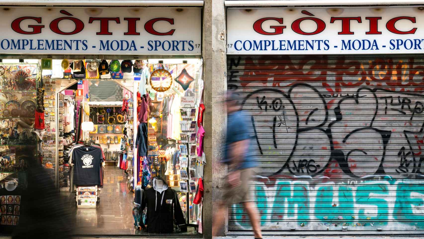 Una tienda de 'souvenirs' del barrio Gòtic, antes y después de la pandemia del coronavirus / VERÓNICA SÁNCHEZ - @verosan90