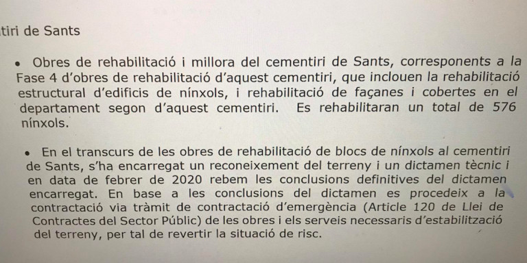 Informe de CBSA en el que se detallan las obras en el cementerio de Sants / MA