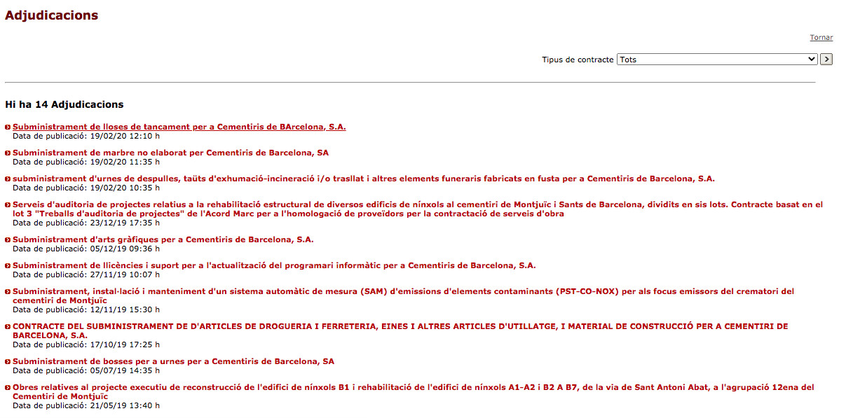 Página de adjudicaciones de Cementiris de Barcelona