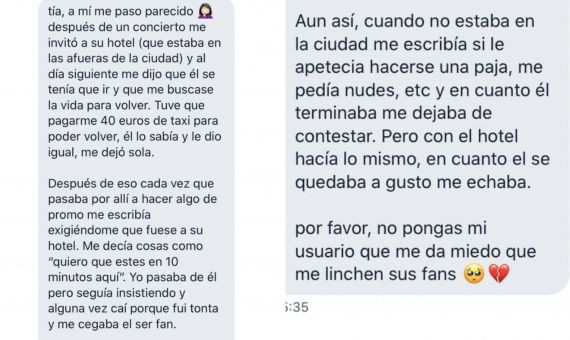 Capturas de pantalla de uno de los testimonios que acusan a Alfred García / TWITTER vía @portamivia