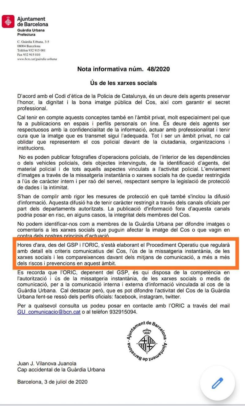 Documento interno de la Urbana sobre el uso de las redes sociales en el cuerpo / MA