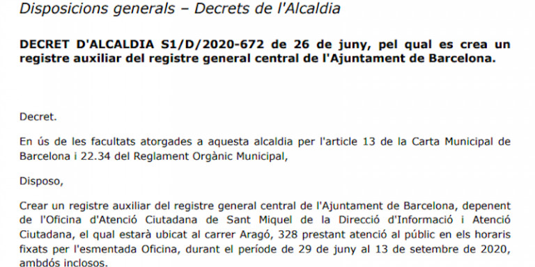 El nuevo Registro Auxiliar funcionará del 29 de junio al 13 de septiembre / AY. DE BCN