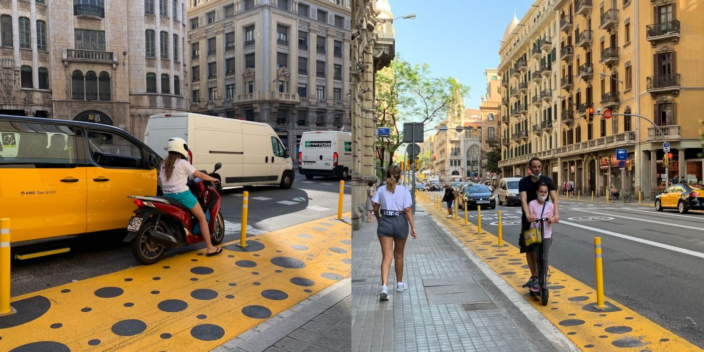 Una motorista que acaba de adelantar a varios coches por el carril peatonal y un padre y su hija en patinete haciendo un uso indebido del espacio / V.M.