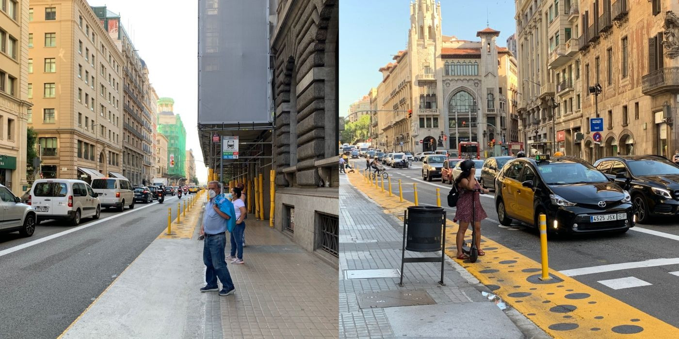 Un hombre esperando en la parada de autobús y una mujer en patinete respetando el semáforo para no atropellar a los peatones / V.M.