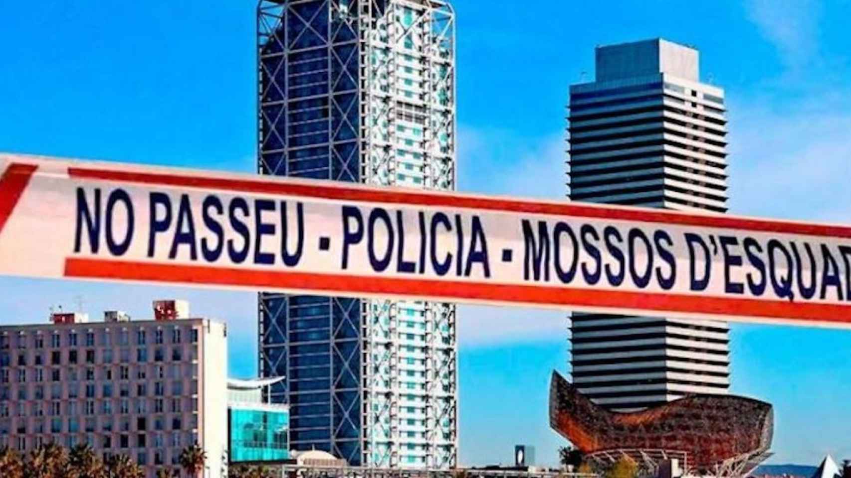 Fotomontaje con el Hotel Arts de fondo y una cinta de los Mossos / FOTOMONTAJE CG