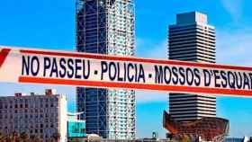 Fotomontaje con el Hotel Arts de fondo y una cinta de los Mossos / FOTOMONTAJE CG