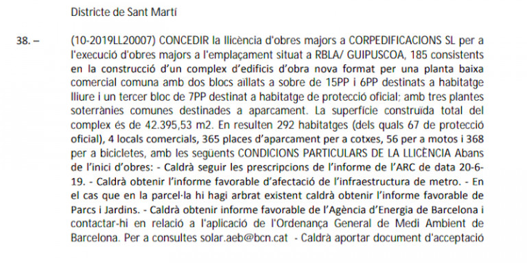 Aprobación de la licencia para construir en Rambla Guipúscoa, 185 / AY. DE BCN