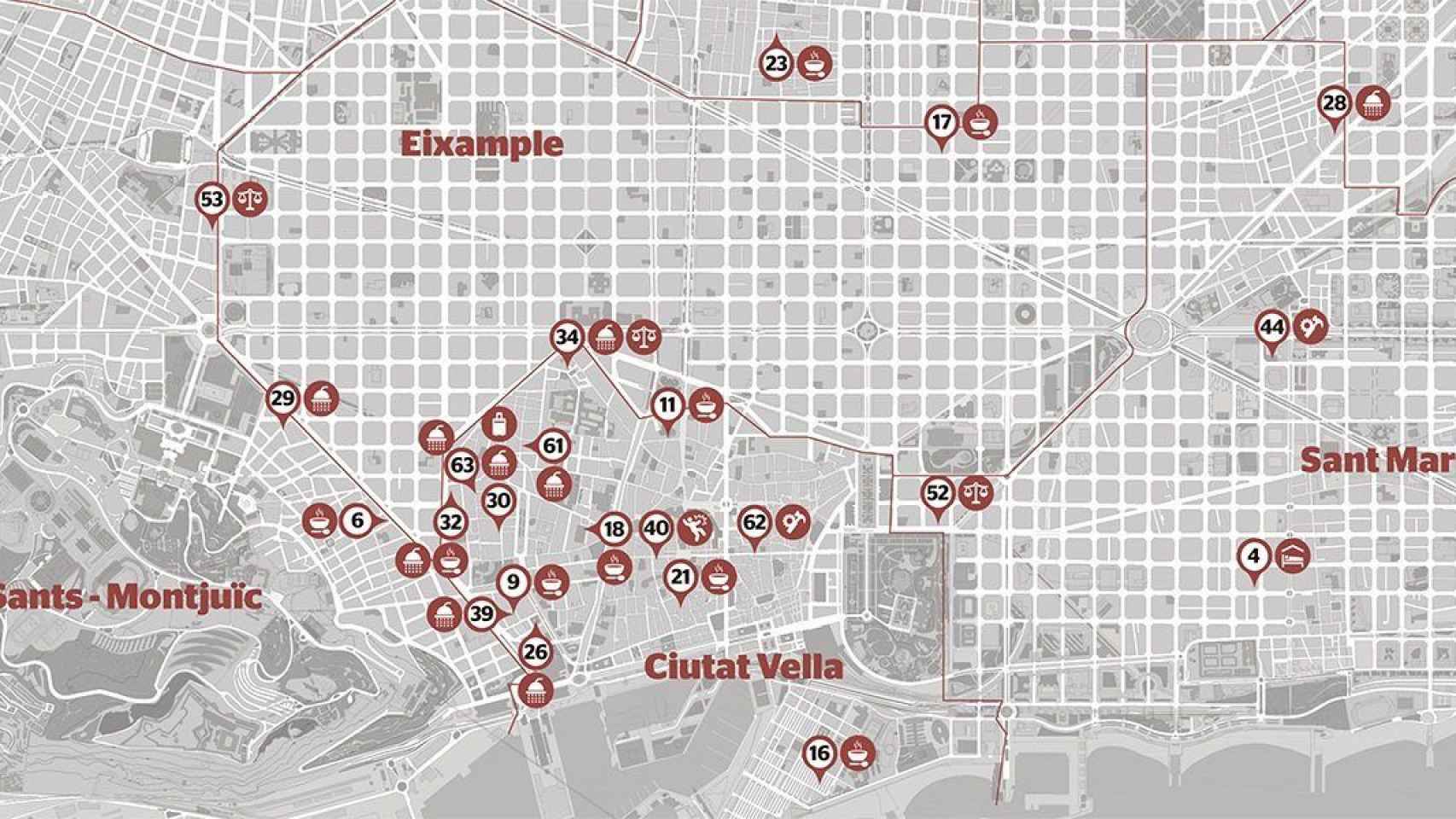 Mapa de los pocos recursos para los sintecho elaborado por Arrels / Arrels Fundació