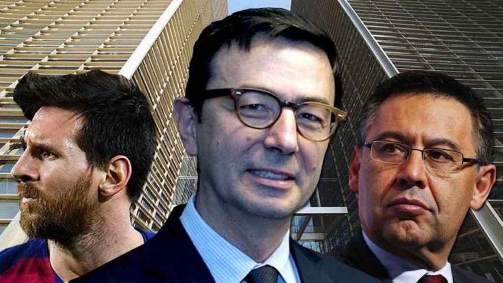 El socio director de Cuatrecasas, Jorge Badia (c), junto al presidente del Barça, Josep Maria Bartomeu (d), y Leo Messi (i) / CG