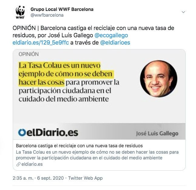 Tuit de WWF contra la 'tasa Colau' / TWITTER WWF LOCAL BARCELONA