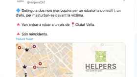 Captura de pantalla de un mensaje reciente de la cuenta de Twitter censurada BCN Helpers / TWITTER