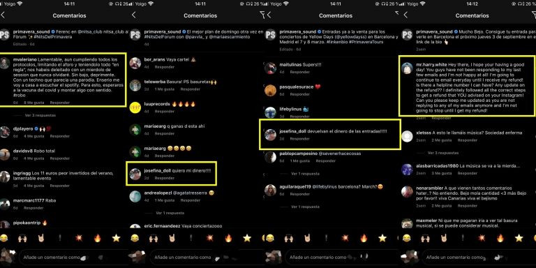 Algunas de las quejas de los compradores pidiendo la devolución del importe de las entradas en el perfil de Instagram del Primavera Sound / METRÓPOLI ABIERTA