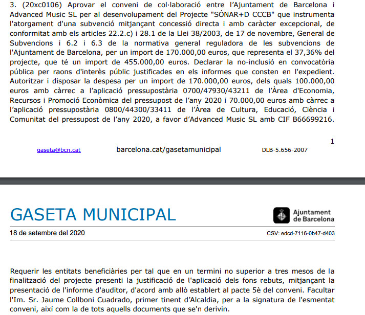 Subvención directa al Sónar / GASETA MUNICIPAL