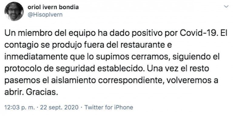 Captura de pantalla del tuit del chef del restaurante que ha cerrado por coronavirus / @Hisopivern vía TWITTER