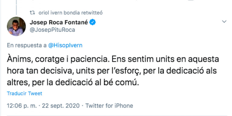 Captura de pantalla del tuit de Josep Roca alentando al chef que ha cerrado por coronavirus / @Hisopivern vía TWITTER