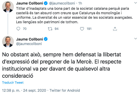 Tuits de Jaume Collboni sobre el pregón / TWITTER