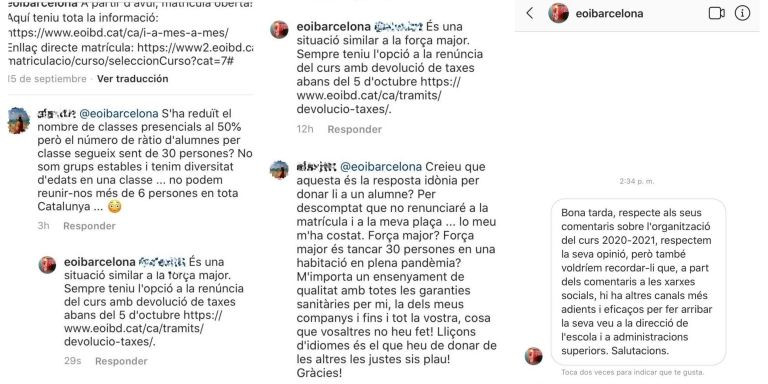 Capturas de pantalla de las respuestas de la Escuela Oficial de Idiomas de Barcelona Drassanes a una alumna por Instagram / CEDIDAS